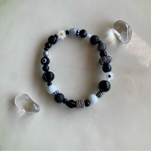 Perfect Harmony Black & White Mixed Bead Bracelet Evil Eye Peace Sign Flowers